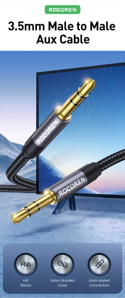 Rocoren Braided 3.5mm Aux Cable - Hi-Fi Stereo Sound, Male to Male Connectivity, Universal Compatibility for Audio Devices